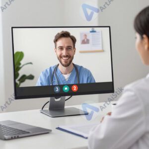 Врач проводит телемедицинскую консультацию по видеосвязи.
