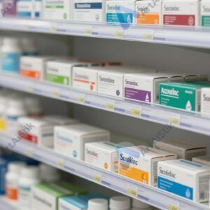 Витрина аптеки с разноцветными упаковками лекарств.