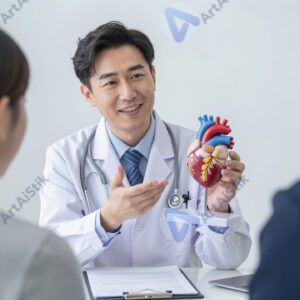 Врач держит в руках модель человеческого сердца и объясняет пациенту.