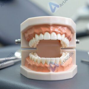 Макет челюсти и зубов на столе стоматолога