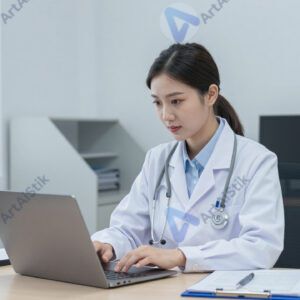 Врач закрывает ноутбук в пустом кабинете в конце рабочего дня.