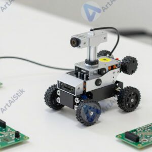 Маленький робот‑конструктор на столе с проводами и платами.