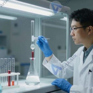 Учёный у фум‑шкафа наблюдает за химической реакцией.