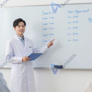 Учёный у белой доски презентует результаты коллегам.