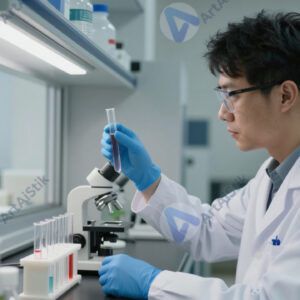 Учёный проверяет пробирки на свет у окна лаборатории.