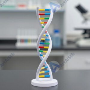 Модель ДНК спиралью стоит на столе в лаборатории.