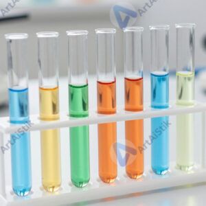 Ряд пробирок с разноцветными растворами на штативе.