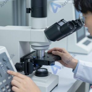 Учёный смотрит в электронный микроскоп