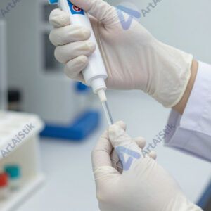 Учёный в перчатках отмеряет микролитры с помощью дозатора.