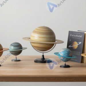 Стол с макетами планет и книгами по астрономии.