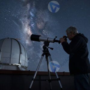 Астроном наблюдает ночное небо через телескоп на крыше.