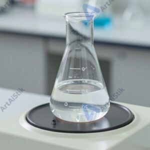 Лабораторная колба с кипящим раствором на нагревательной плите.