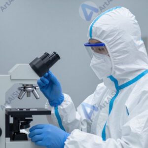 Учёный в чистой комнате в полном защитном костюме.