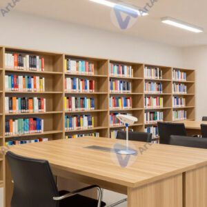 Научная библиотека с полками книг и столами для чтения.