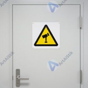 Закрытая лабораторная дверь с предупреждающими знаками и пиктограммами.