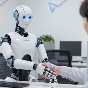 Гуманоидный робот пожимает руку человеку в офисе.