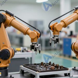 Робот‑манипулятор на заводской линии перекладывает детали.