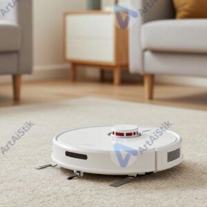 Робот‑пылесос едет по ковру в гостиной.