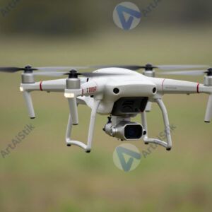 Квадрокоптер‑дрон завис в воздухе над полем.