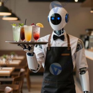 Робот‑официант везёт поднос с напитками по ресторану.