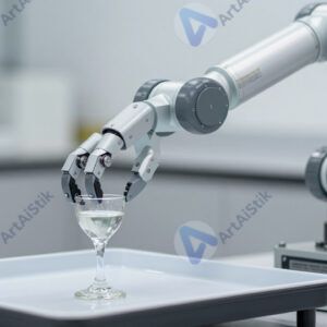 Робот‑рука аккуратно берёт хрупкий стеклянный предмет из лотка.