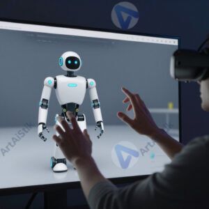 Человек в VR‑шлеме управляет виртуальным роботом на экране.