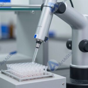 Лабораторный робот‑пипетатор автоматически дозирует реагенты в лунки.