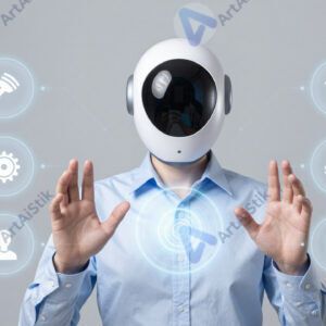 Голографический ассистент с иконками команд перед пользователем.