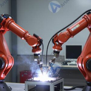 Многоосевой промышленный робот красного цвета создаёт сварочный шов.