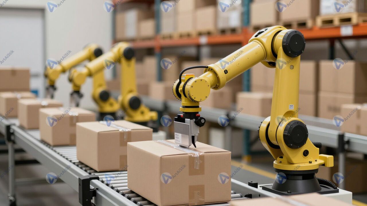 Робот‑манипулятор сортирует посылки на конвейере склада. Робот‑манипулятор сортирует посылки на конвейере склада.