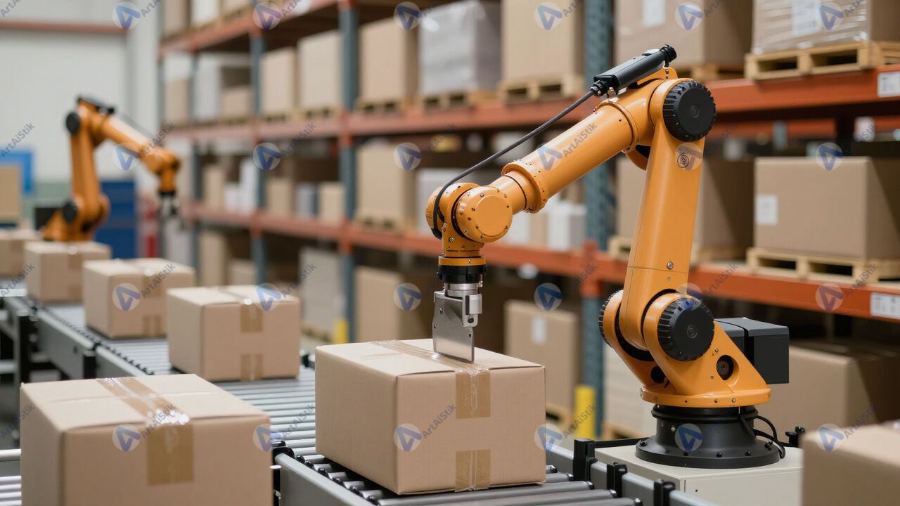 Робот‑манипулятор сортирует посылки на конвейере склада. Робот‑манипулятор сортирует посылки на конвейере склада.