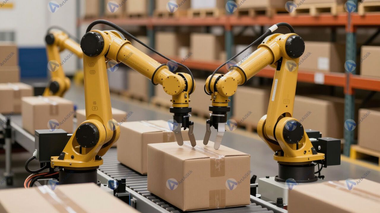 Робот‑манипулятор сортирует посылки на конвейере склада. Робот‑манипулятор сортирует посылки на конвейере склада.