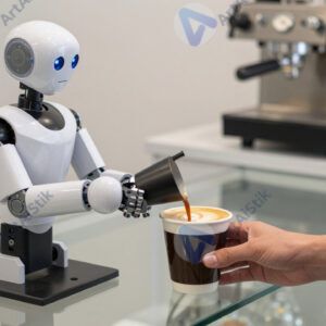 Робот‑бариста готовит кофе за стеклянной стойкой