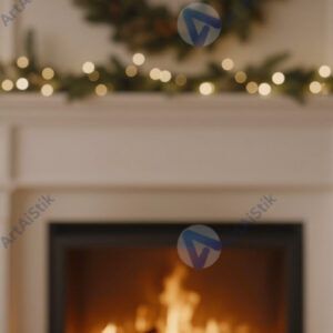 Bokeh от гирлянды с тёплым белым светом на фоне камина.