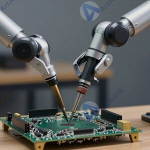 Робот‑манипулятор держит паяльник над электронной платой.