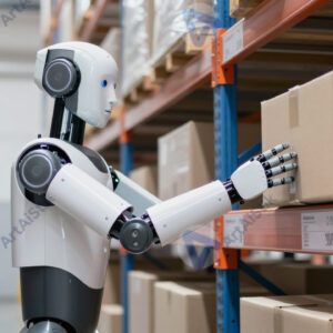 Робот‑гуманоид устанавливает коробку на полку в складе.