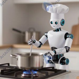 Небольшой робот‑повар помешивает содержимое кастрюли на плите.