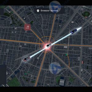 Экран с картой города и траекториями автономных автомобилей.