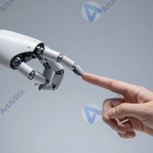 Рука робота и рука человека касаются кончиками пальцев.