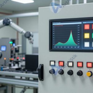 Панель управления промышленной линией с графиками и индикаторами роботов.