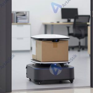 Робот‑курьер подъезжает к двери офиса с коробкой на платформе.
