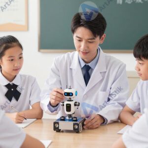 Учёный демонстрирует маленького робота группе студентов в аудитории.