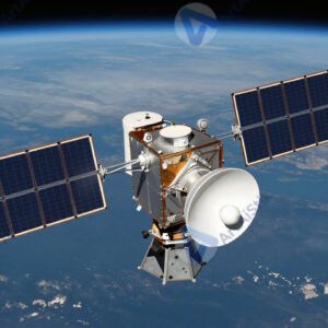 Спутник с антеннами и солнечными панелями на фоне Земли.