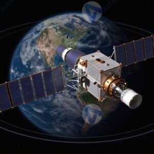 Модель системы спутников вокруг планеты с линиями орбит.