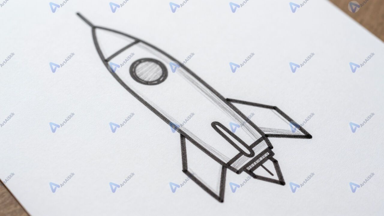 Рукописный чертёж ракеты и космического модуля на бумаге. Рукописный чертёж ракеты и космического модуля на бумаге.