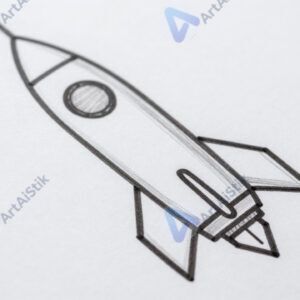 Рукописный чертёж ракеты и космического модуля на бумаге.