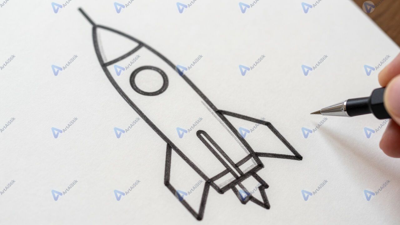 Рукописный чертёж ракеты и космического модуля на бумаге. Рукописный чертёж ракеты и космического модуля на бумаге.