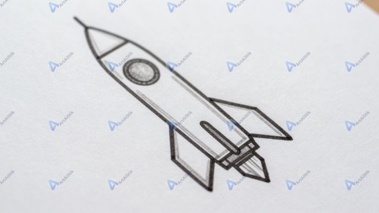 Рукописный чертёж ракеты и космического модуля на бумаге. Рукописный чертёж ракеты и космического модуля на бумаге.