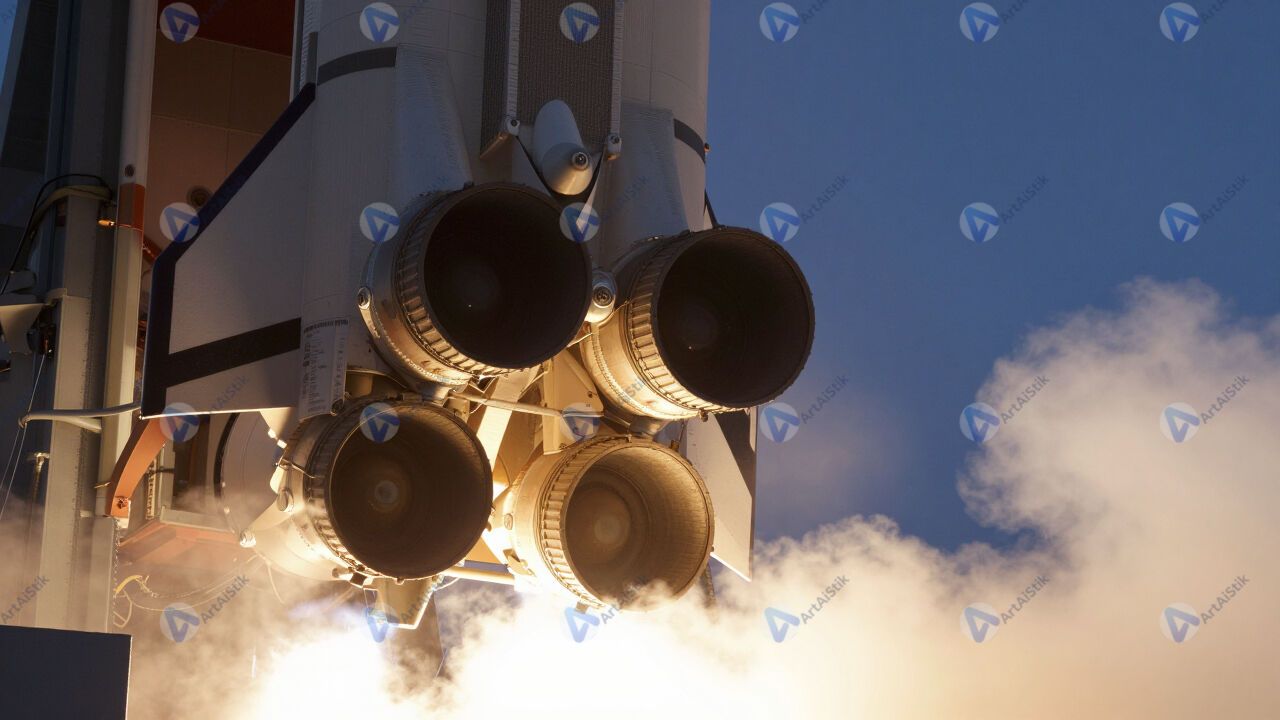 Огонь из сопел ракеты крупным планом в момент старта. Огонь из сопел ракеты крупным планом в момент старта.