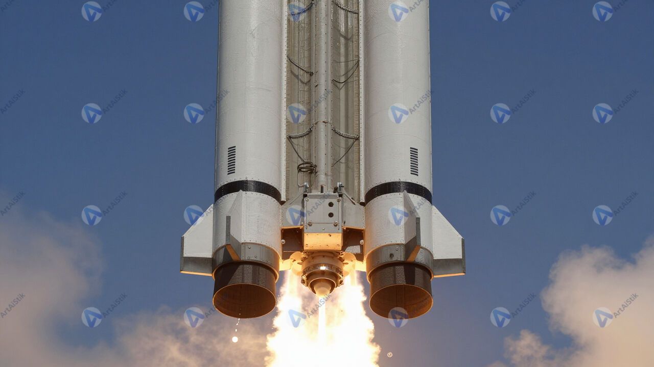 Огонь из сопел ракеты крупным планом в момент старта. Огонь из сопел ракеты крупным планом в момент старта.